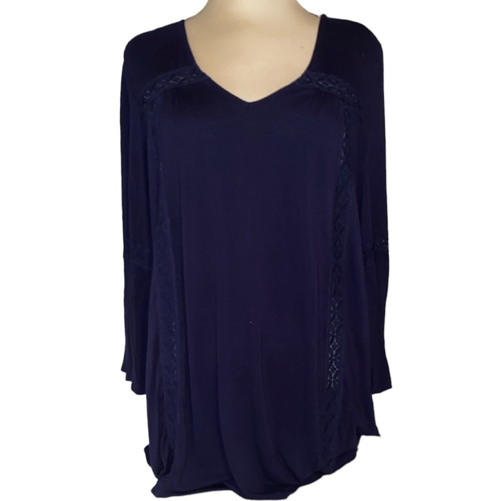 New Directions tunic blouse deep cut neckline 3/4” belled sleeves size large